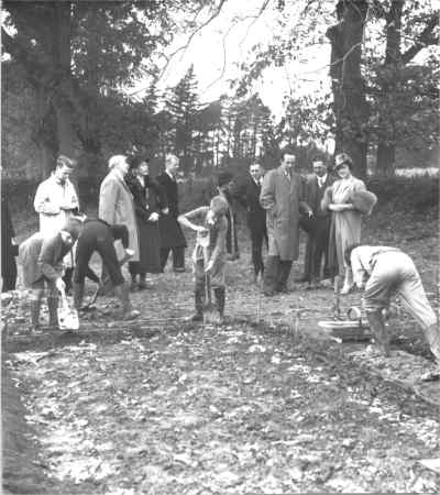 Horsted Keynes: Her Majesty watching evacuees "Digging for Victory" behind the village hall.