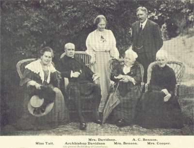 Esteemed meeting at Horsted Keynes: Mrs Davidson, A.C. Benson who wrote "Land of Hope and Glory",  Miss Tait, Archbishop Davidson - The Archbishop of Canterbury, Mrs. Benson, Mrs. Cooper.